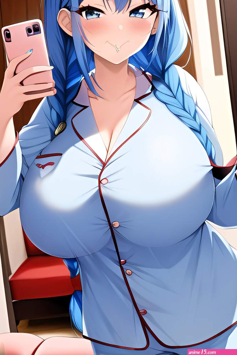Anime Skinny Huge Boobs 70s Age Happy Face Blue Hair Braided Hair Style Light Skin Mirror Selfie Couch Front View Eating Pajamas 3663573174415043019
