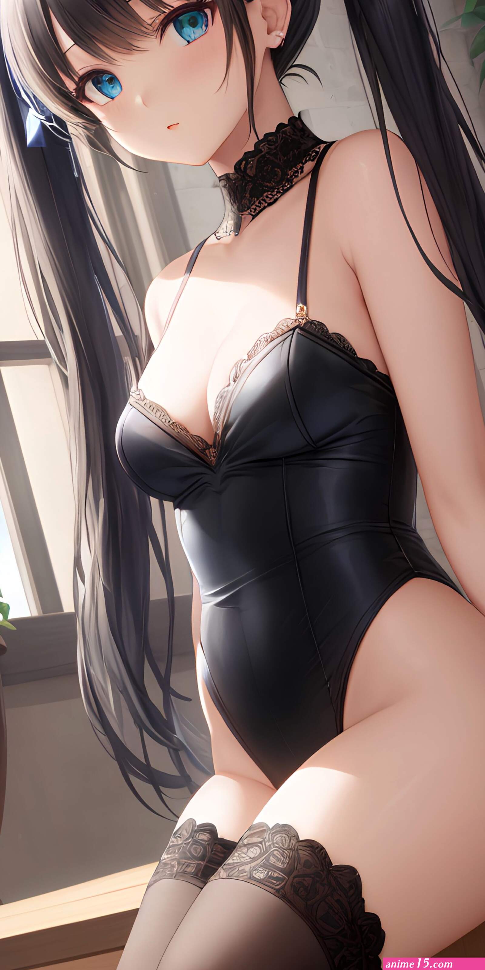 solo blue eyes thighs small boobs anime anime girls Genshin Impact Mona Genshin Impact twintails black hair artwork digital art fan art leotard AI art portrait display stockings hat