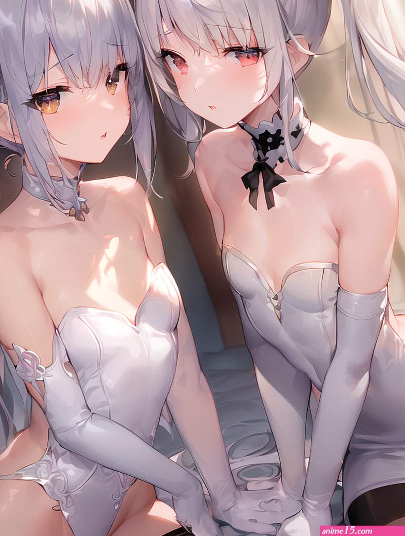 two women original characters small boobs ponytail long hair anime anime girls artwork digital art portrait display pantyhose elbow gloves AI art