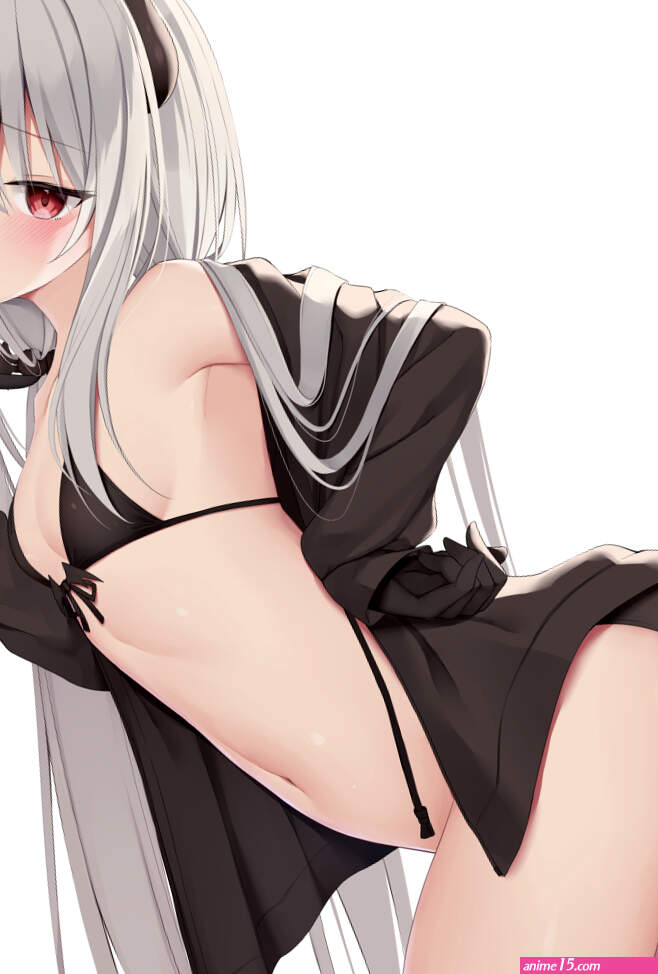 ass small boobs long hair red eyes belly kamu geeenius anime girls horns blushing silver hair open jacket thigh-highs bikini artwork