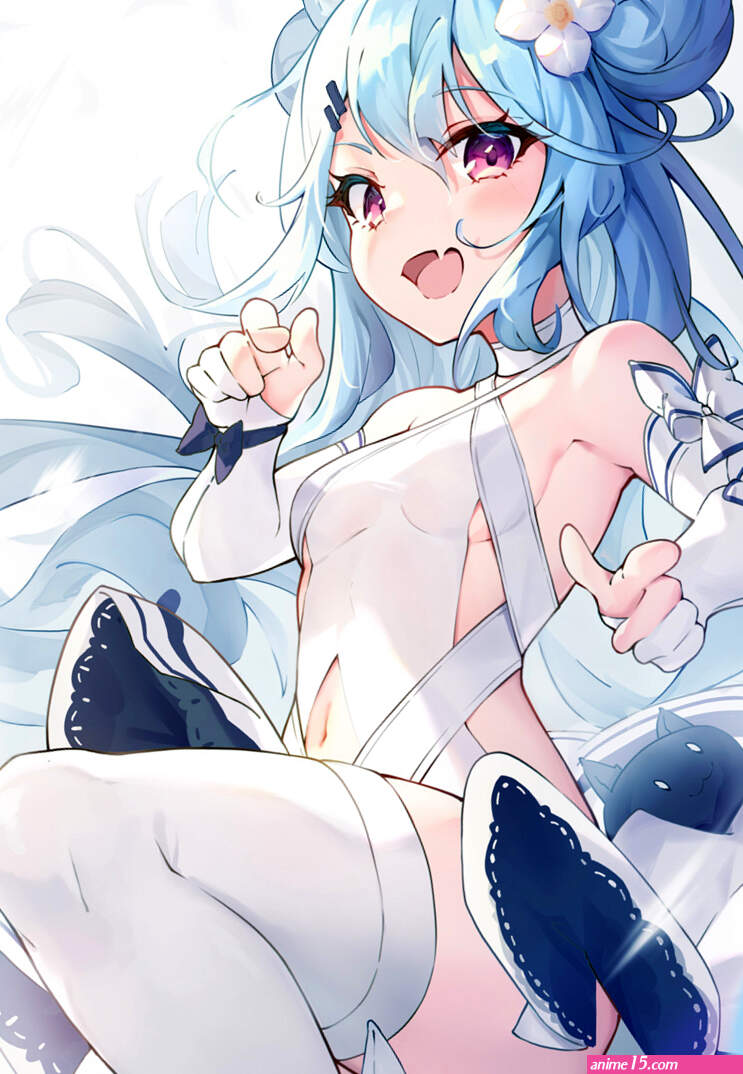 Mishuo blue hair cat girl small boobs strategic covering anime anime girls digital art artwork 2D portrait display portrait purple eyes animal ears cats dress no bra nopan thigh-highs