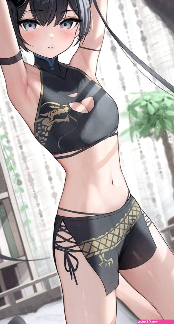 small breasts cleavage cutout hair bun on bed arm behind head