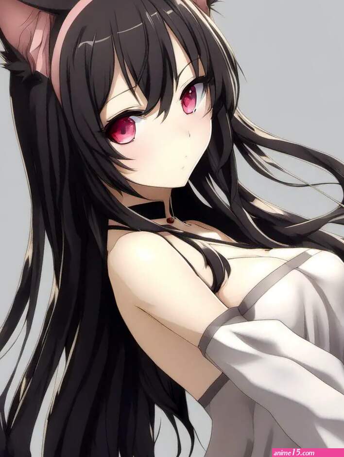 Elegant Anime Style Portrait of a Nude Mature Woman with Cat Ears and Eyes