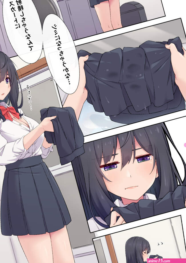 kujya highres translation request 1futa black hair comic futanari japanese text purple eyes school uniform shirt skirt smelling smelling clothes sniffing clothes socks