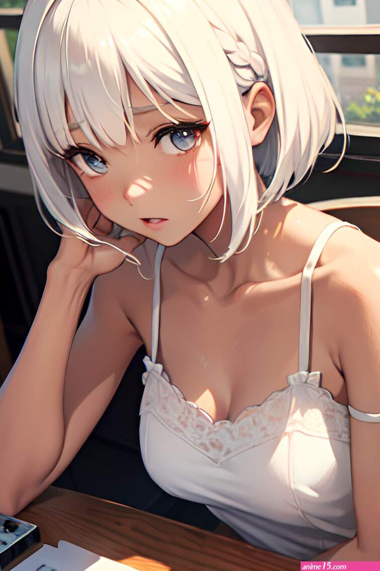 Anime Skinny Small Tits 40s Age Sad Face White Hair Bangs Hair Style Dark Skin Painting Cafe Close Up View Gaming Teacher 3691644224486888654