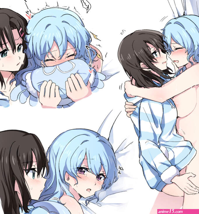 aoiro 050 matsubara kanon okusawa misaki bang dream! implied orgasm highres 2girls black hair blue hair blush bottomless breasts closed eyes completely nude face in pillow frottage hood hoodie hug long hair