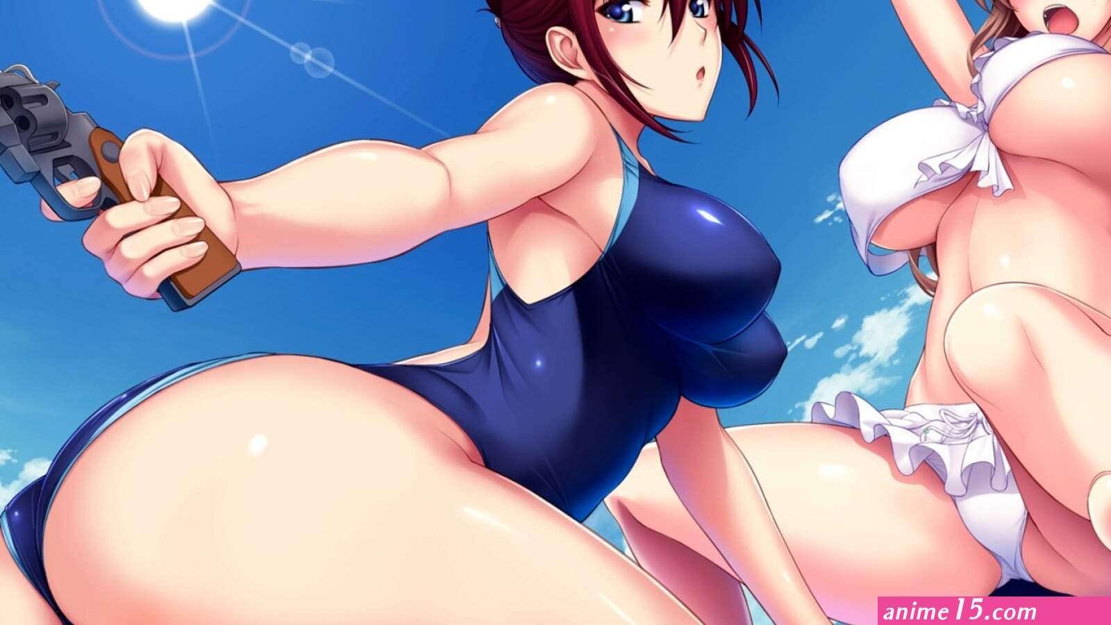 Wallpaper : redhead anime girls brunette barefoot big boobs cartoon black hair feet mouth bikini pistol comics Rail Wars Sakurai Aoi Koumi Haruka ecchi 1920x1080