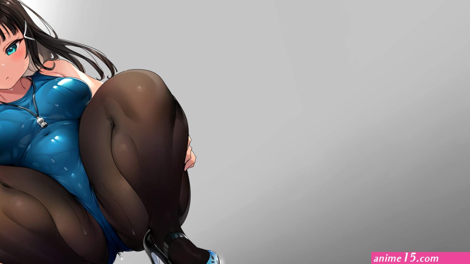 thighs wet body thick thigh squatting legs brunette women curvy Tem10 anime anime girls ecchi simple background Love Live! Love Live! Sunshine Kurosawa Dia heels thigh-highs one-piece swimsuit blue swimsuit swimwear wet