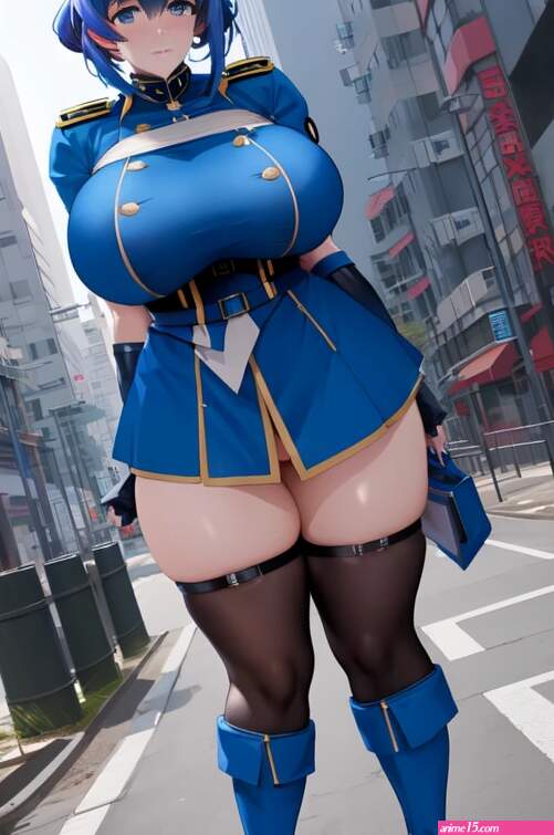 Anime character in uniform posing on a city street corner thicc