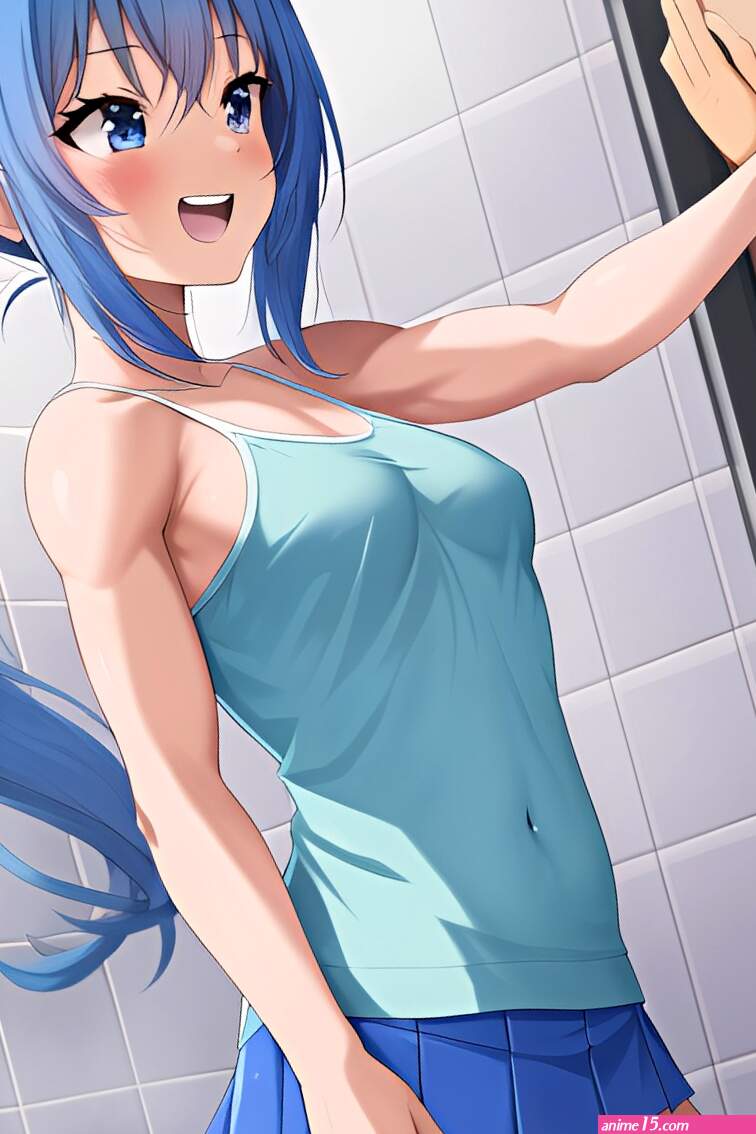 Anime Muscular Small Tits 70s Age Laughing Face Blue Hair Pigtails Hair Style Light Skin Soft Anime Shower Side View T Pose Mini Skirt 3662351684798080922
