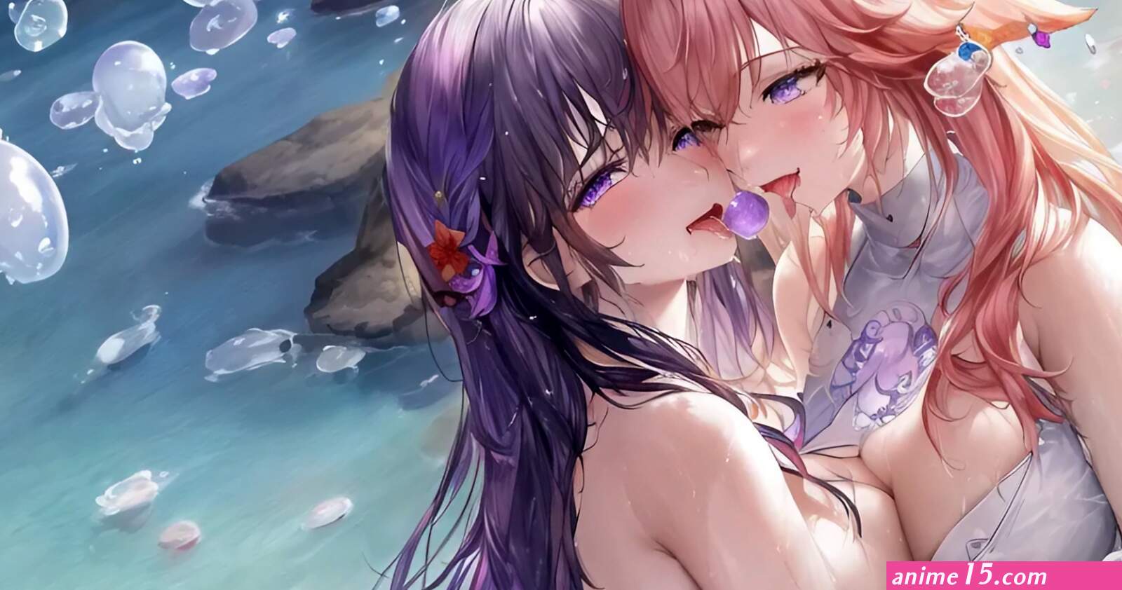 Yae Miko Genshin Impact two women tongue out lesbians boobs on boobs big boobs anime anime girls Genshin Impact Raiden Shogun Genshin Impact yuri in water bubbles water purple eyes rocks