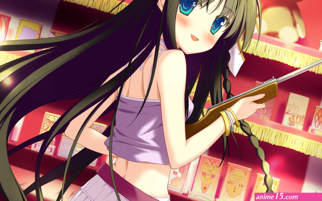 black hair blue eyes blush bow braids favorite game cg gun headband irotoridori no sekai kisaragi mio long hair panties shida kazuhiro skirt skirt lift striped panties teddy bear underwear weapon