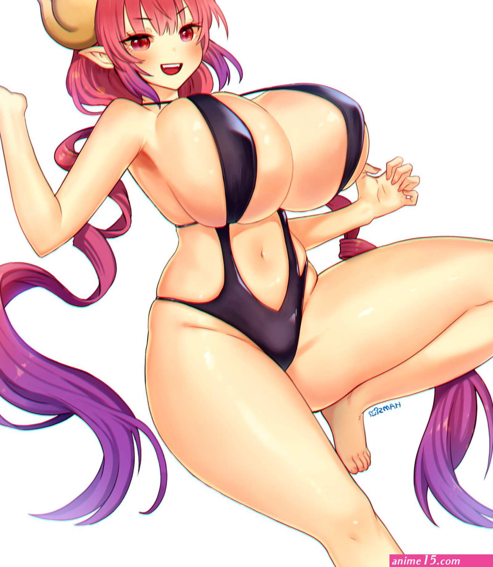 raoul raoul77 ilulu maidragon kobayashi-san chi no maidragon commentary highres 1girl :d arm up armpits artist name barefoot black one-piece swimsuit black slingshot swimsuit breasts claw pose cleavage dragon girl dragon horns