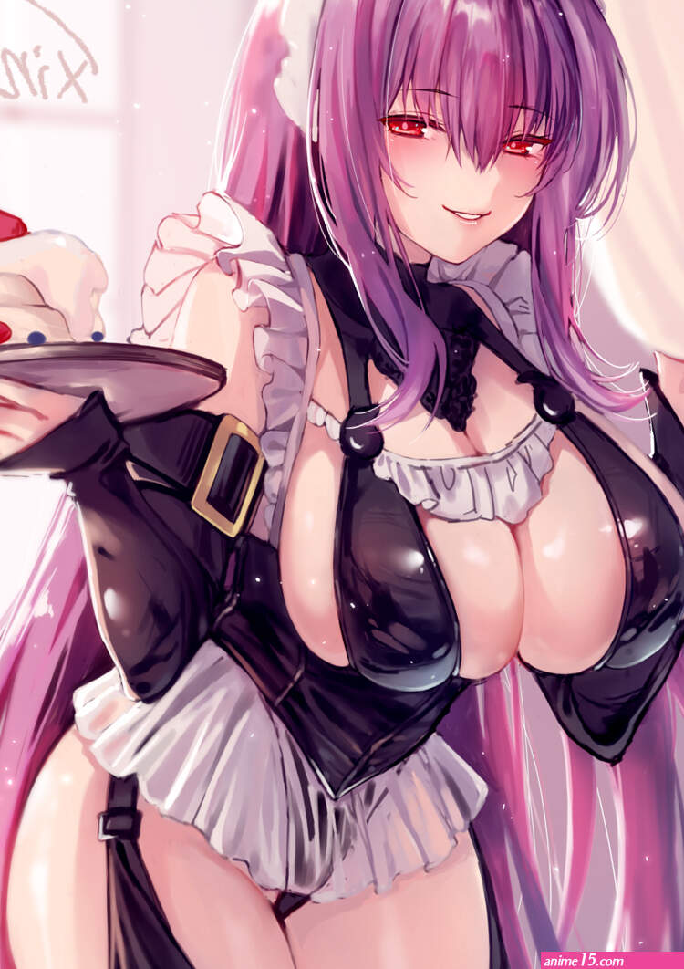 big boobs cleavage long hair purple hair red eyes smiling Obiwan artist Xin artist anime anime girls digital art artwork 2D portrait display maid outfit maid pancakes Fate series FateGrand Order Scathach