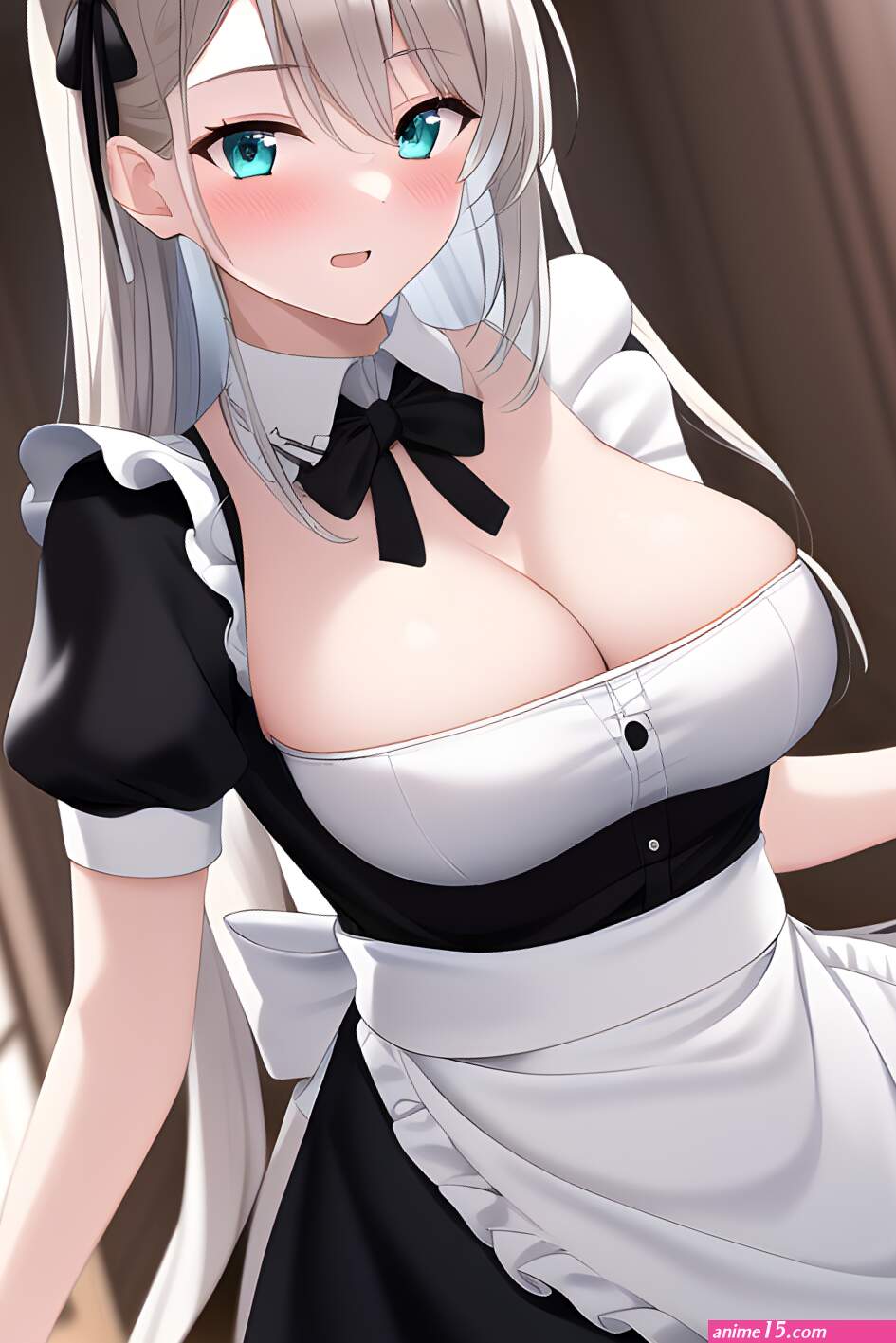 long hair original characters solo cleavage big boobs lifting clothes anime anime girls artwork digital art maid maid outfit portrait display blushing bow tie AI art