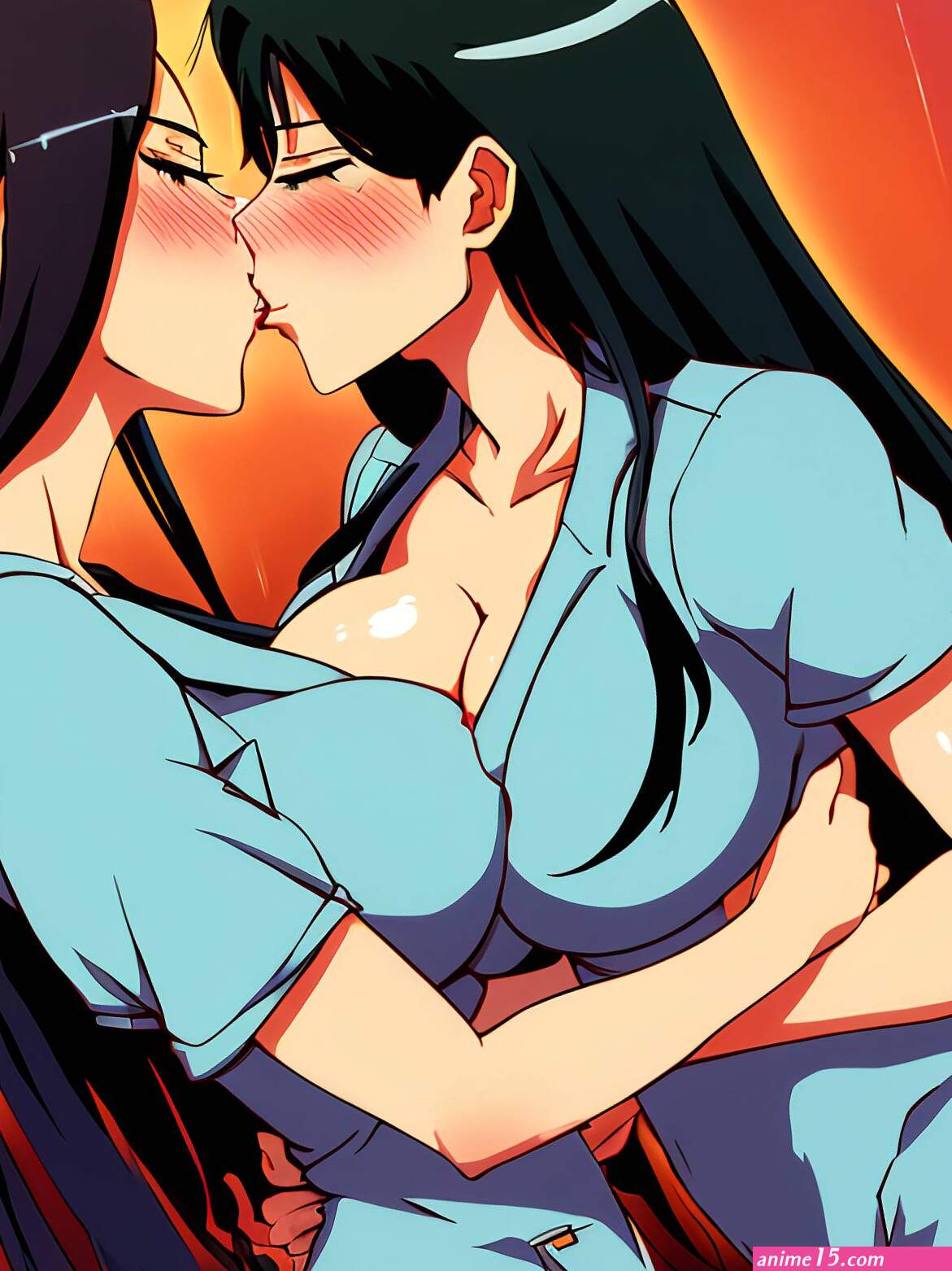 Porn image of fully clothed black hair lesbian huge boobs anime 20 doctor kissing created by AI