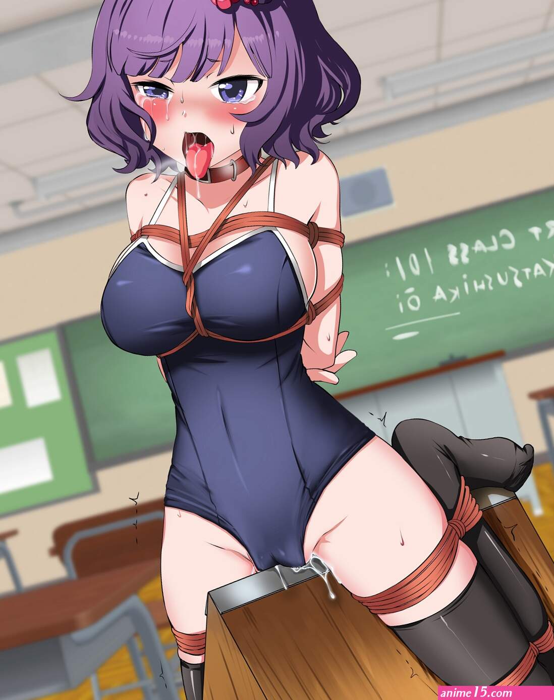 eudetenis katsushika hokusai fate fategrand order fate series highres 1girl arms behind back bdsm black thighhighs blue one-piece swimsuit blunt bangs blurry blush bondage bound breasts chair character name character watermark...