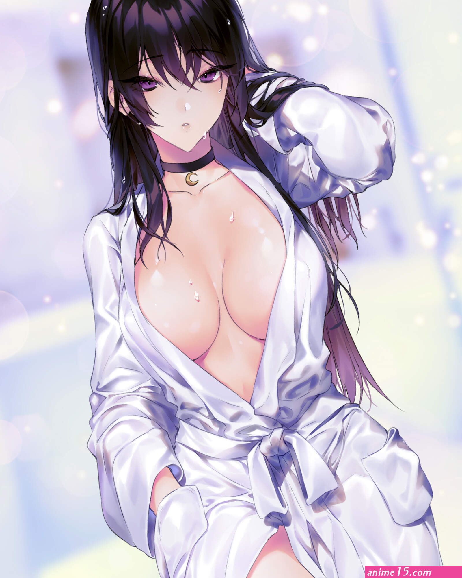 original characters dark hair long hair looking at viewer cleavage big boobs wet body laejjo anime girls purple eyes necklace no bra water drops bathrobes robes depth of field artwork drawing digital