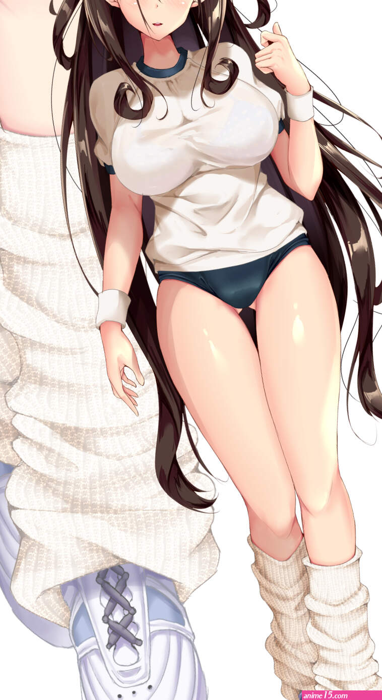 long hair thighs big boobs brunette Fukuda Shuushi shiny hair standing anime anime girls school uniform sportswear gym clothes short shorts shorts white shirt white background leg warmers purple eyes sneakers blushing