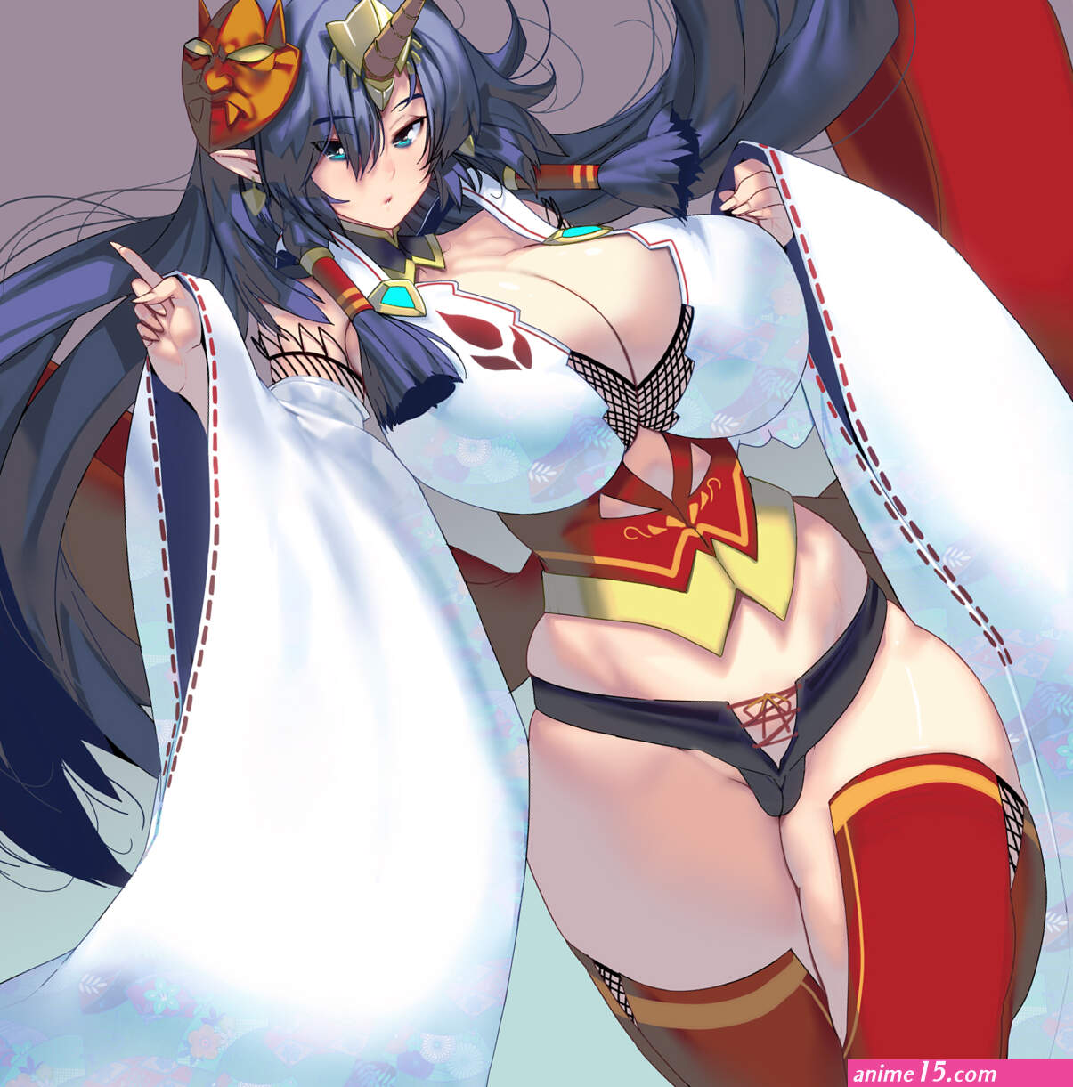 Wallpaper : anime girls original characters big boobs ma sa o huge breasts long hair horns simple background 1481x1500