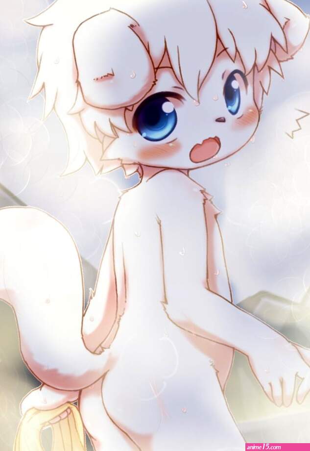 hithop original highres 1boy ass blush furry furry male male focus nude onsen open mouth partially submerged short hair shota solo steam water white hair