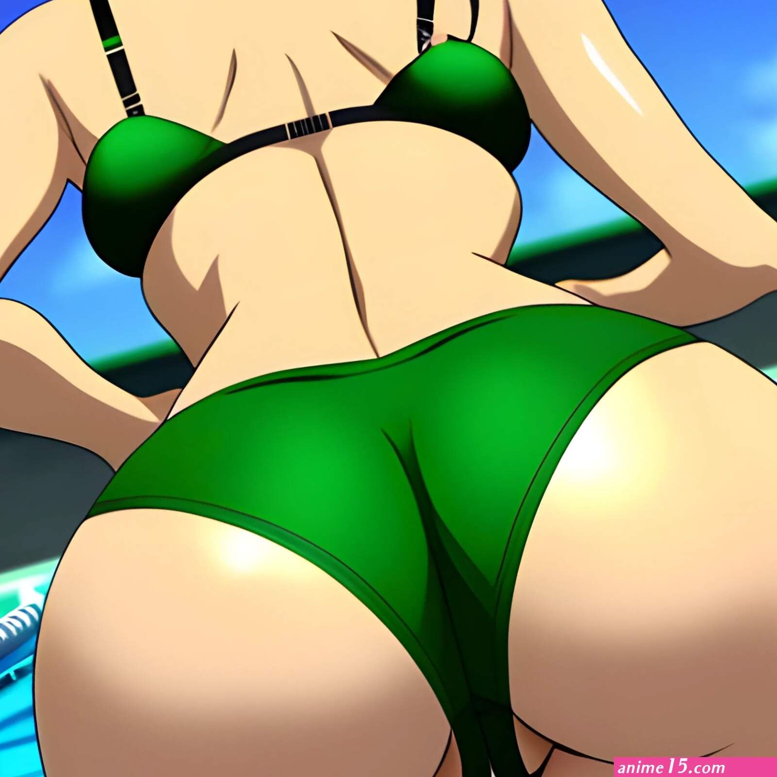 Animepoolrear viewbrownskincute girlblackhairgreen bragre...
