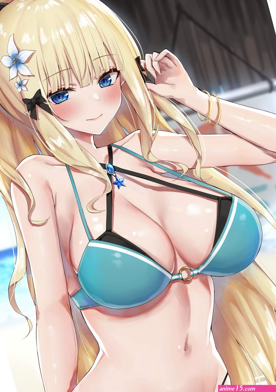 big boobs cleavage Piripun blonde ponytail blue eyes anime anime girls digital art artwork 2D portrait display bikini Saren Princess Connect Princess Connect Re:Dive blushing
