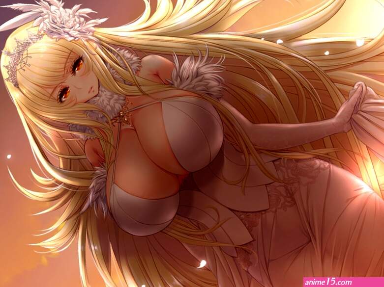 blonde hair breasts cleavage dress elbow gloves game cg gloves hime jiru long hair tiara
