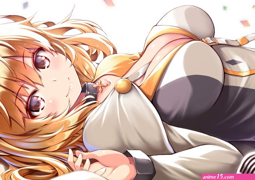 anthropomorphism big wednesday blonde hair breasts brown eyes choker cleavage close cross flower knight girl flowers microphone short hair yuri flower knight girl