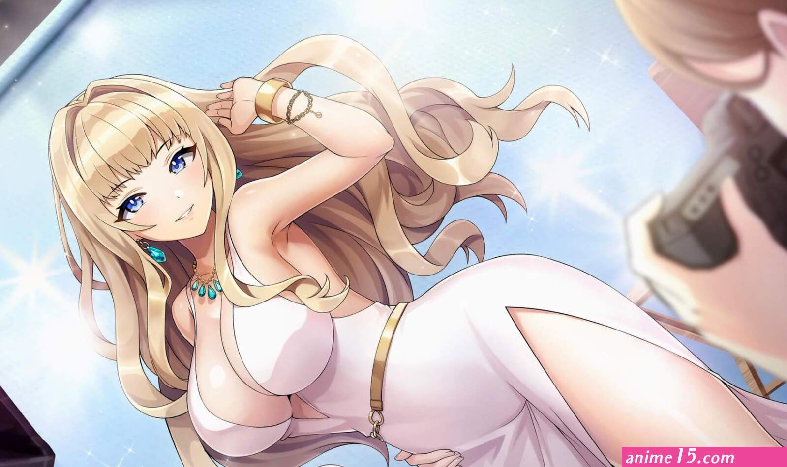 dress anime blue eyes camera blonde big boobs anime girls 2400x1427