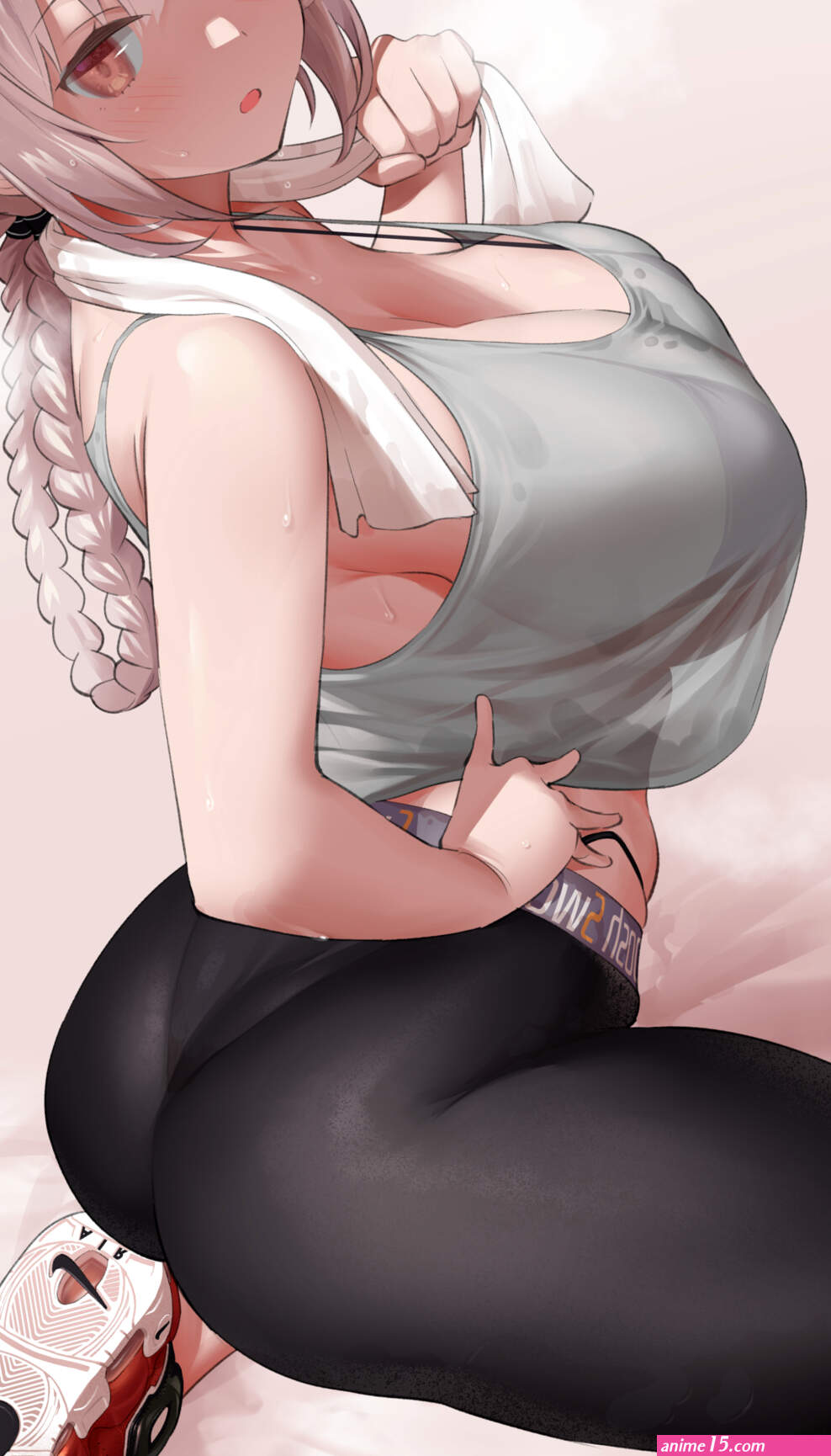 pink eyes ass big boobs braids looking at viewer FateGrand Order anime girls portrait display yoga pants shoes sweat sweaty body minimalism simple background
