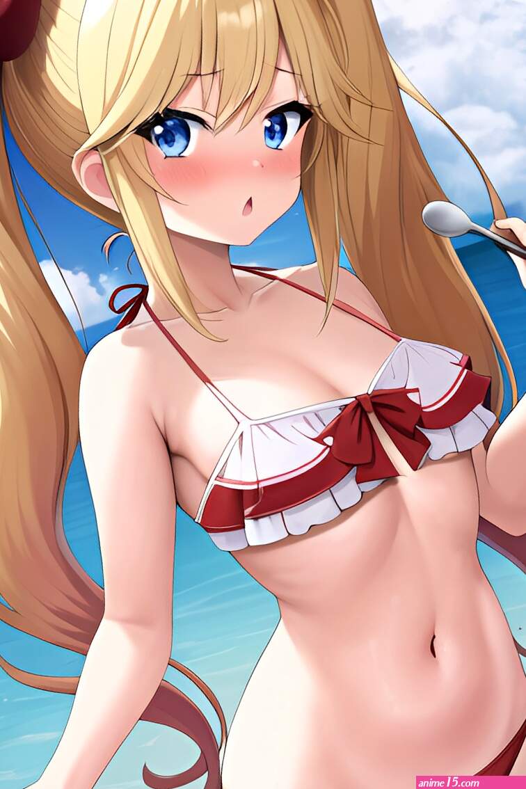 Anime Busty Small Tits 70s Age Shocked Face Blonde Pigtails Hair Style Light Skin Soft Anime Beach Front View Cooking Bikini