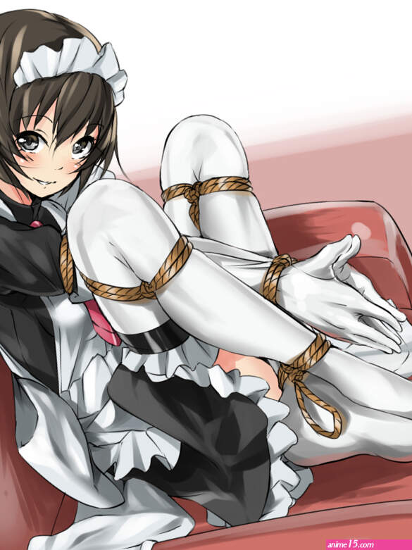 fumi11gou original 1girl bdsm black eyes black hair blush bondage bound elbow gloves feet female focus frogtie gloves grin looking at viewer maid maid headdress rope shibari short hair smile socks soles