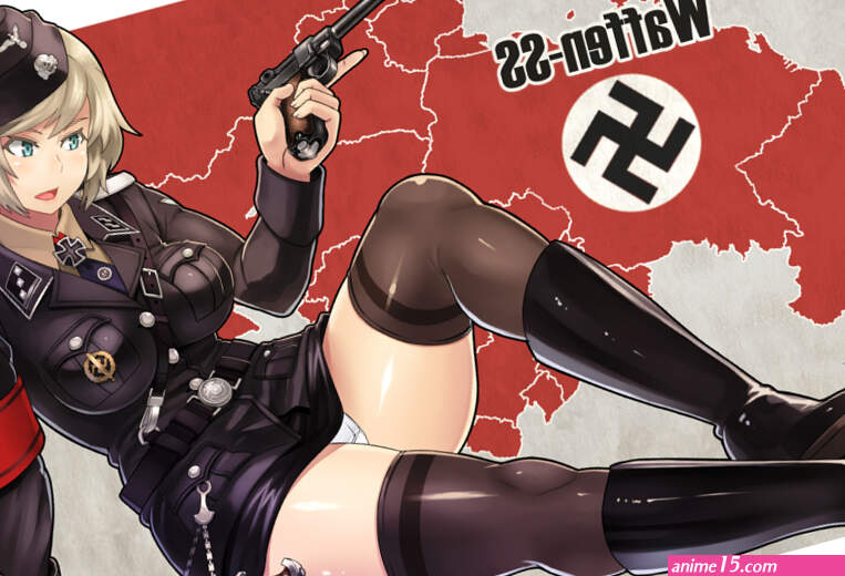cov-r original bad id bad pixiv id 1girl arm support armband blonde hair boots breasts cross female focus german text green eyes gun handgun hat impossible clothes iron cross knee boots knife