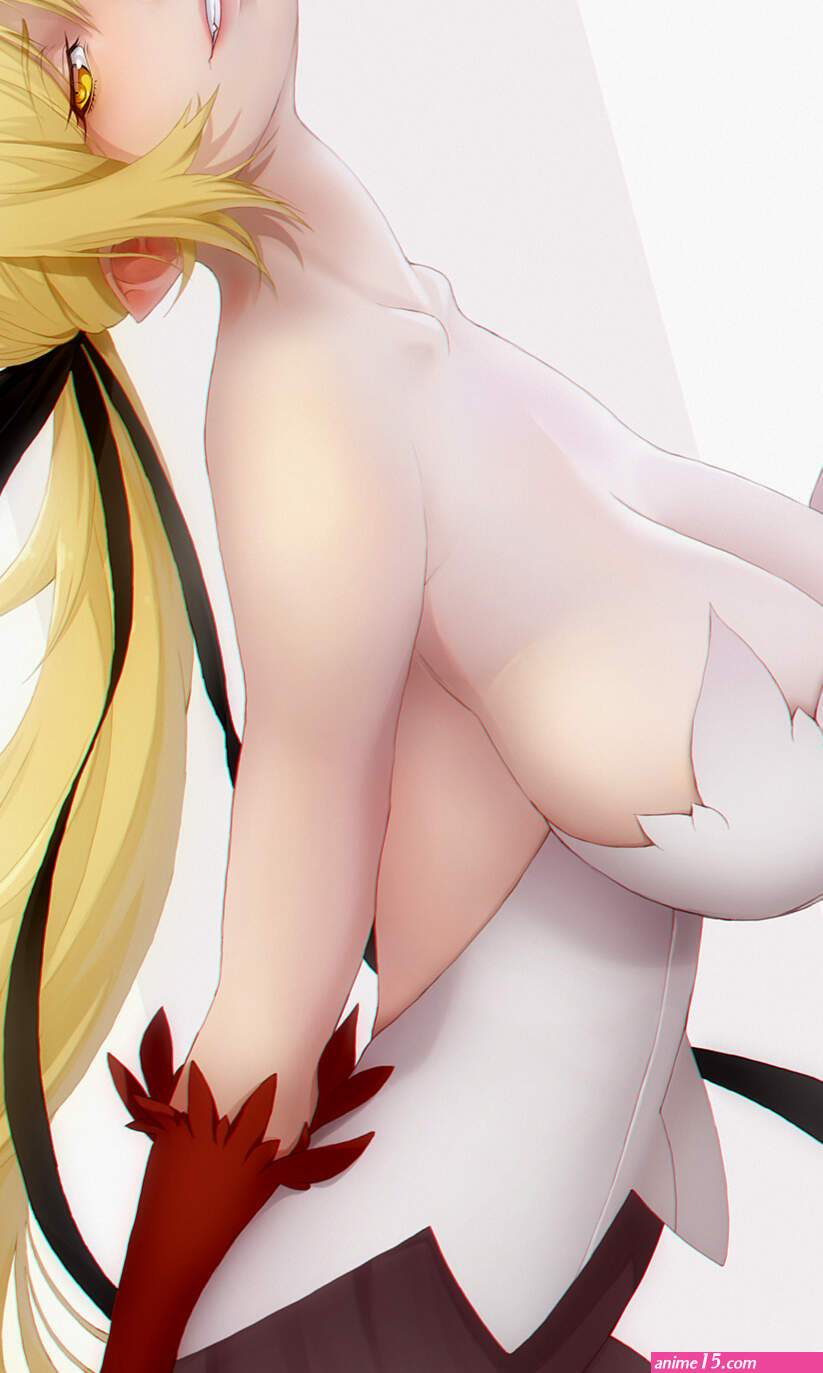 big boobs cleavage arms behind back saggy boobs smiling parted lips monster girl vampires ponytail looking at viewer bareback bangs long hair head tilt k19chan bare shoulders pale curvy blonde Monogatari Series