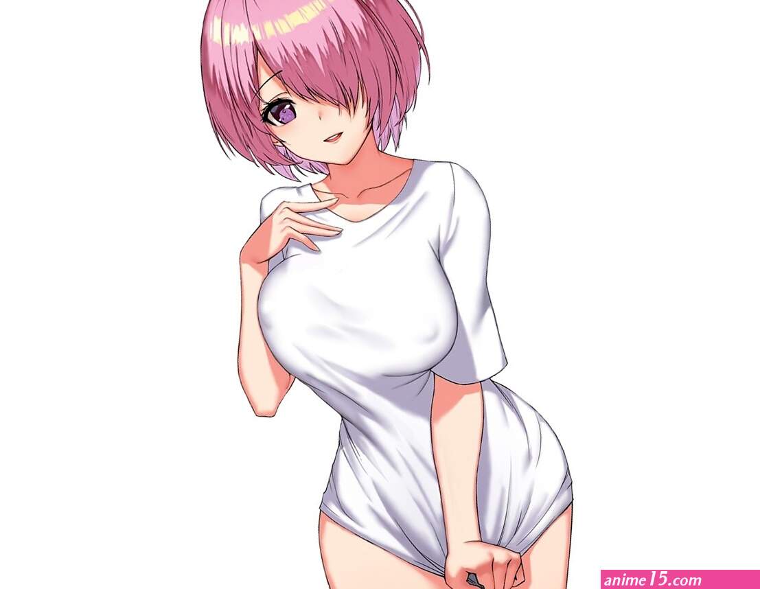birkai breasts cropped erect nipples fategrand order fate series mash kyrielight pink hair purple eyes shirt short hair white