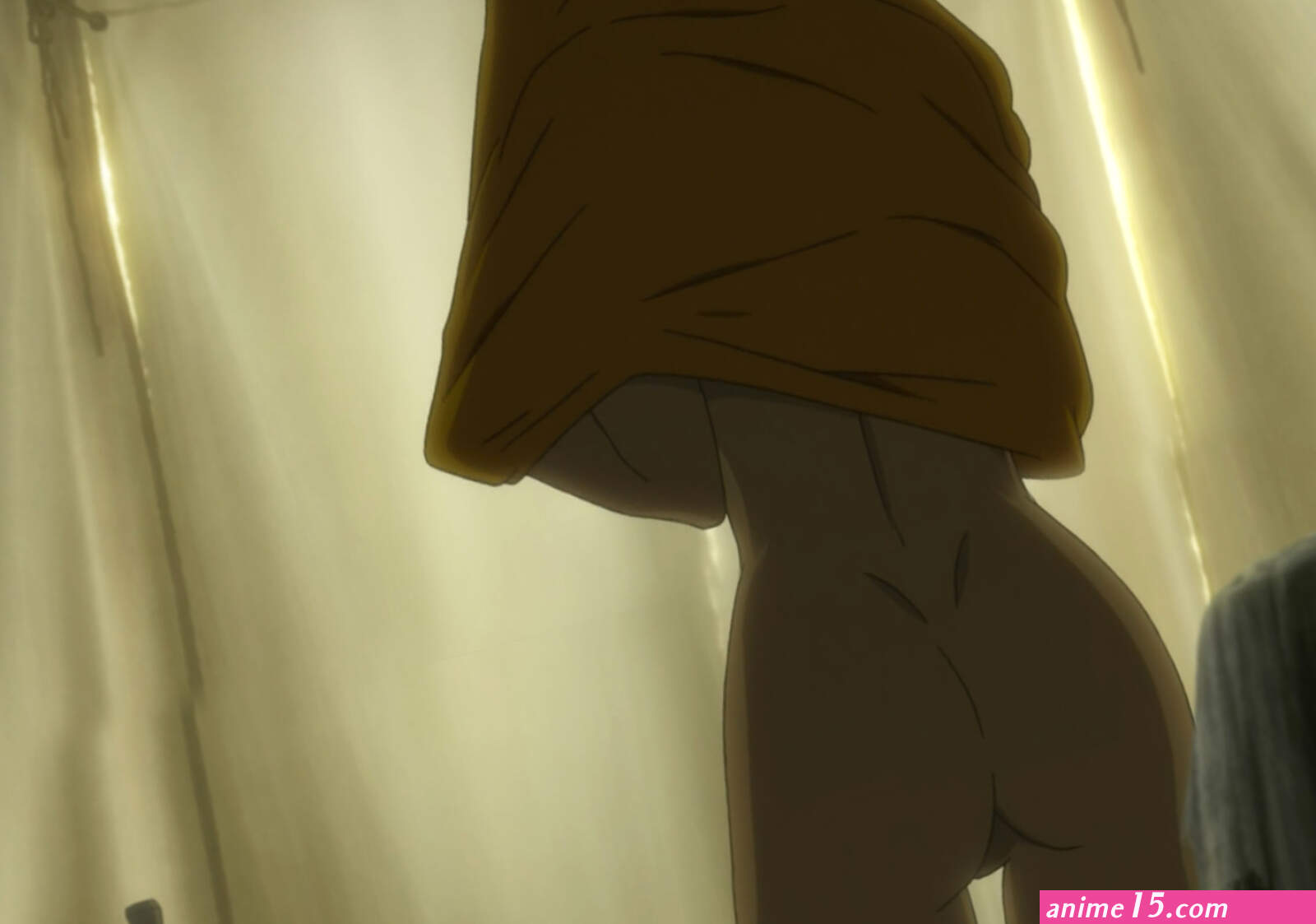 casca berserk berserk anime screenshot highres stitched third-party edit 1990s style 1girl ass bottomless dark skin dimples of venus dressing female focus indoors nude retro artstyle sword weapon