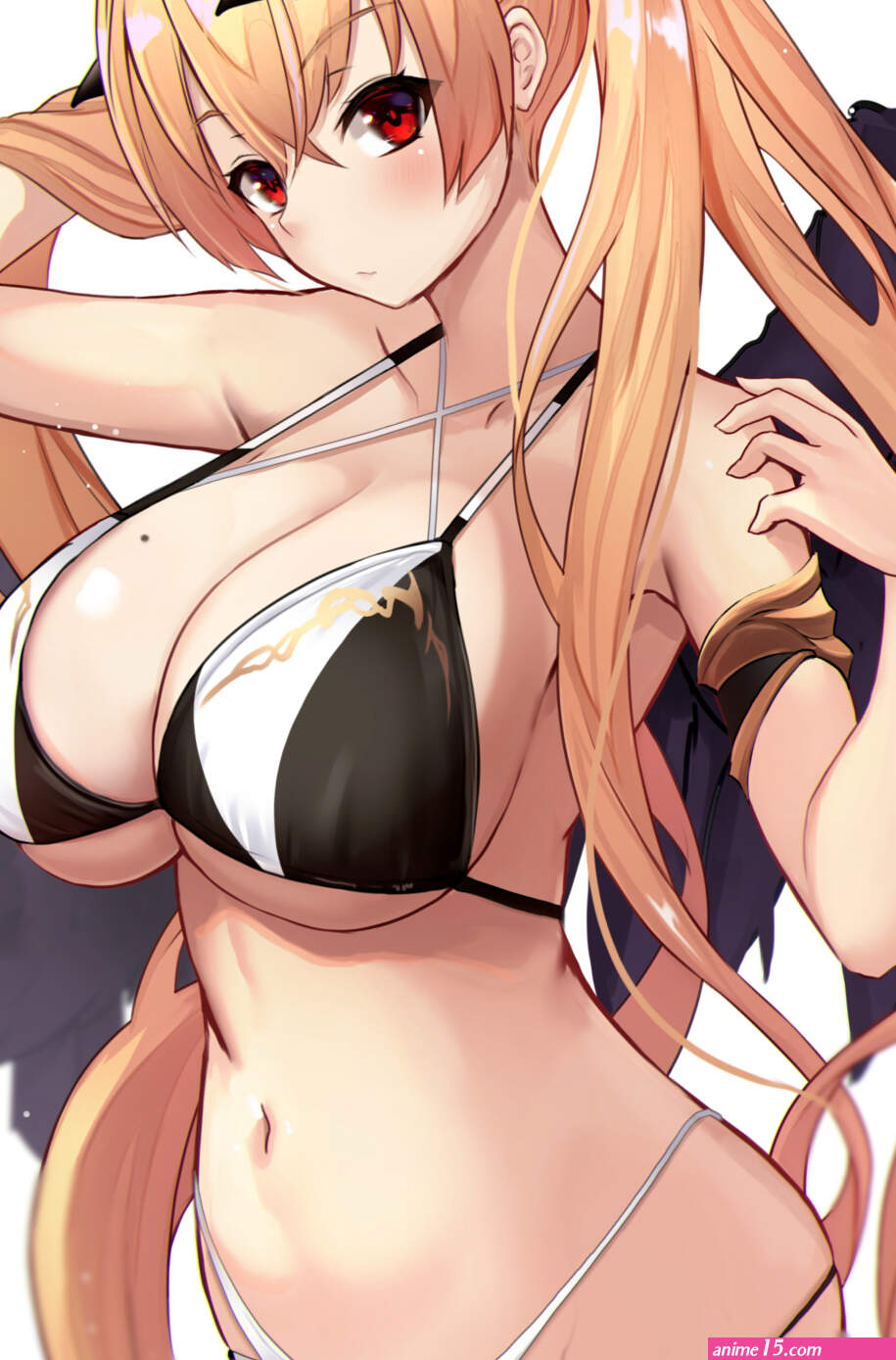 original characters big boobs red eyes cleavage Tuetue Untue blonde demon girls anime anime girls simple background horns swimwear twintails bikini wings