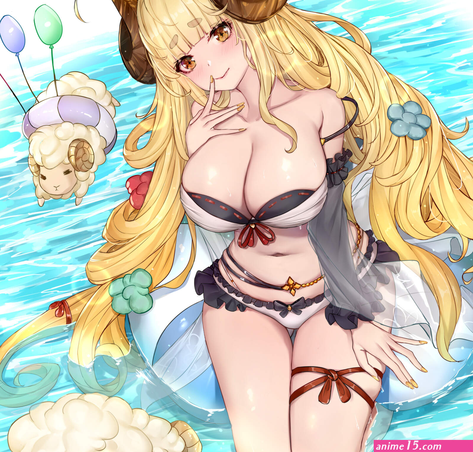 big boobs huge breasts blonde fantasy girl long hair belly cleavage Anila Granblue Fantasy sherryQQ anime anime girls digital art artwork portrait display 2D boobs fantasy art water sheep outdoors brown eyes