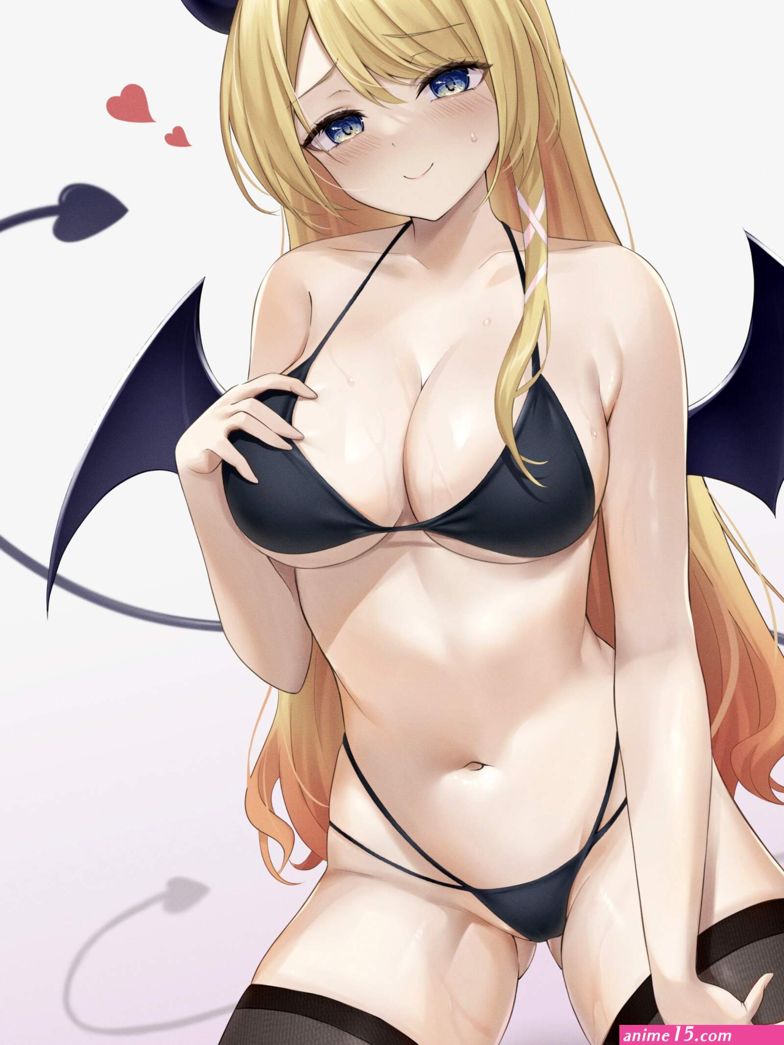 cleavage big boobs demon girls blonde blue eyes smiling Hololive Yuzuki Choco anime girls stockings underwear heart succubus bat wings demon horns blushing Virtual Youtuber