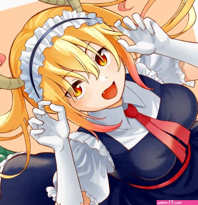 tohru maidragon kobayashi-san chi no maidragon highres 1girl blonde hair breasts brown horns dragon girl dragon horns dragon tail elbow gloves fang gloves gradient hair horns juliet sleeves large breasts long hair