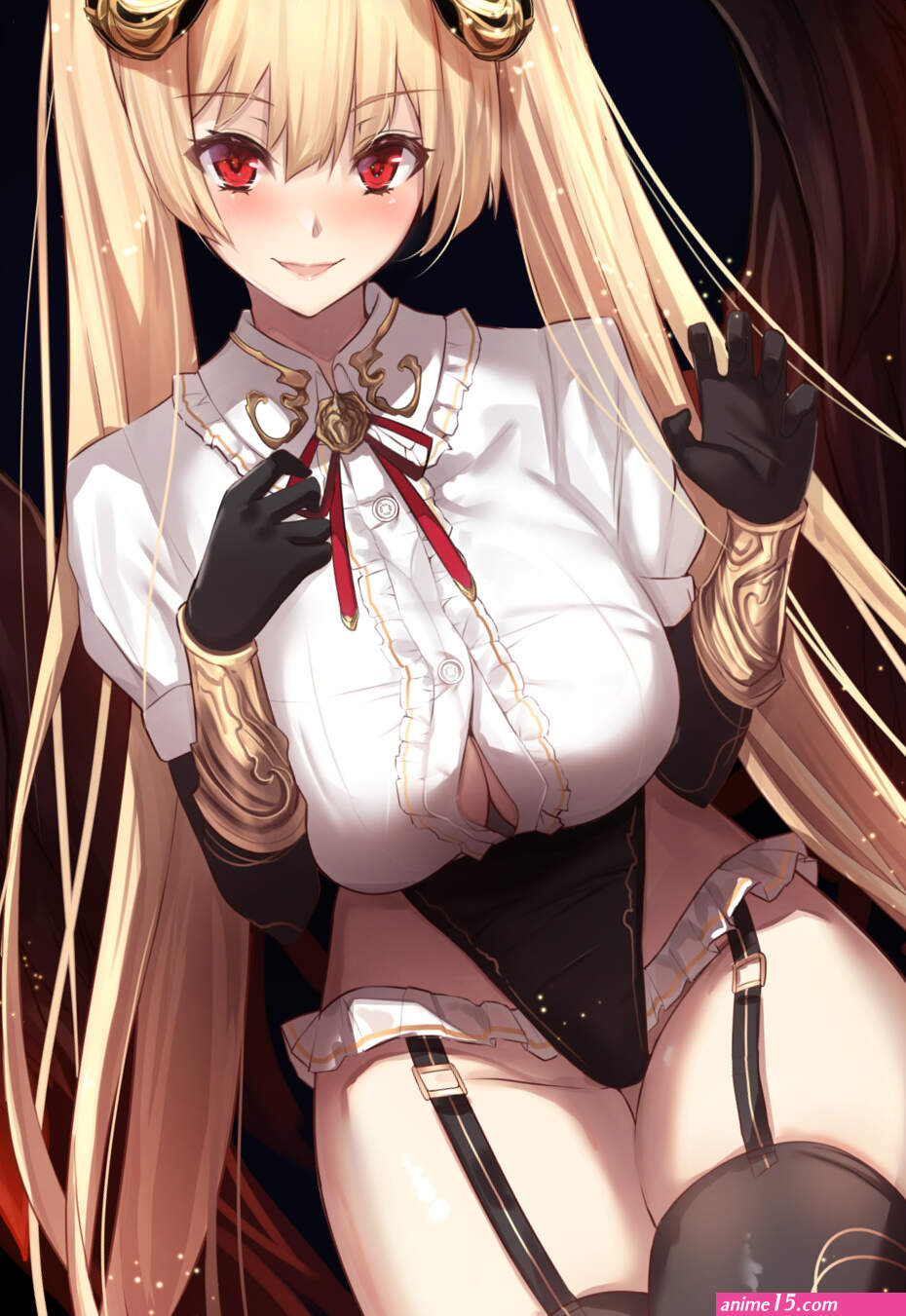 big boobs blonde long hair looking at viewer red eyes legs legs together fantasy girl demon girls Untue anime anime girls digital art artwork 2D portrait display boobs stockings black stockings wings
