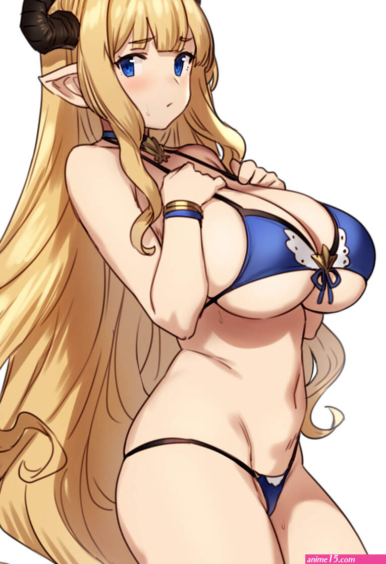 Houtengeki big boobs blonde cleavage huge breasts blue eyes anime anime girls simple background Granblue Fantasy horns micro bikini