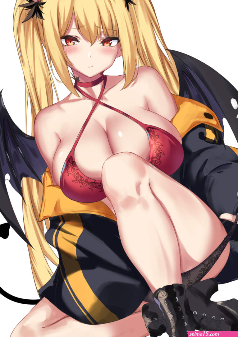 looking at viewer blonde removing panties big boobs cleavage Spider Apple demon girls bra anime twintails succubus boots wings blushing simple background white background brown eyes artwork anime girls tail horns