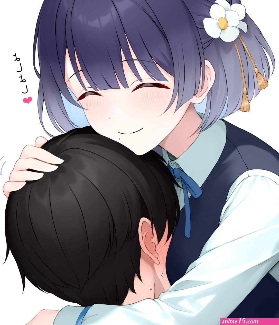 qianlou qianlou12374 hataya misuzu gakuen idolmaster idolmaster highres 1boy 1girl blue ribbon blush breast rest breasts breasts on head closed eyes ear blush hatsuboshi gakuen school uniform headpat hetero hug