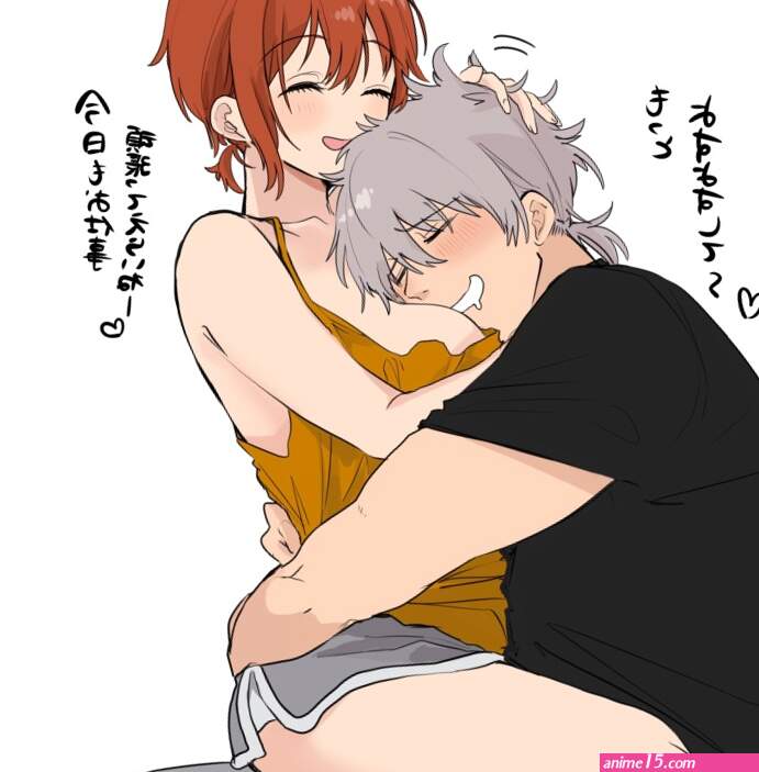 akito d30n26 nagi akito original absurdres highres 1boy 1girl blush breast pillow breast smother breasts closed eyes face to breasts grey hair hug large breasts open mouth saliva short hair smother white