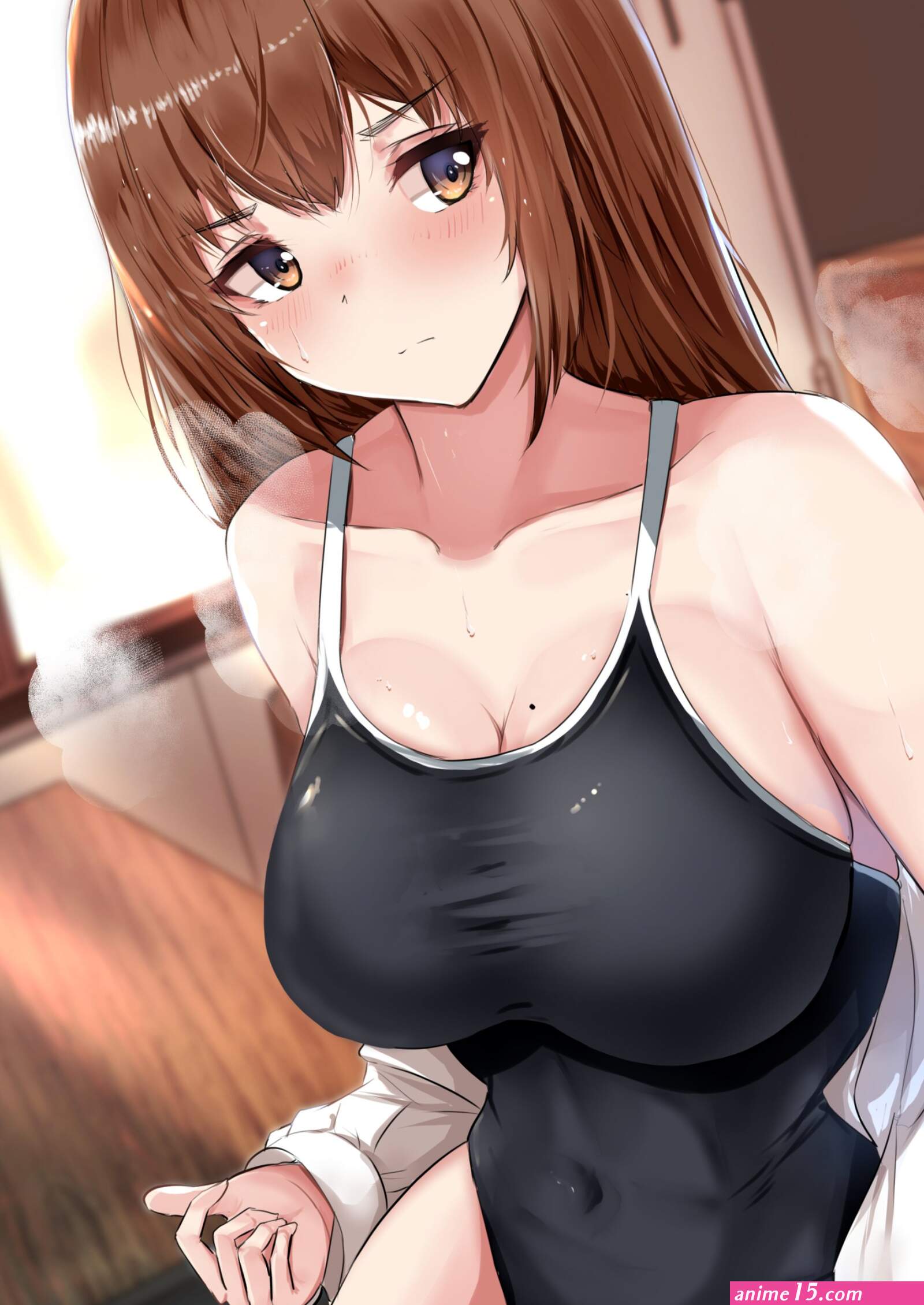 original characters big boobs brunette cleavage Take artist anime girls one-piece swimsuit brown eyes blushing school swimsuits open shirt classroom
