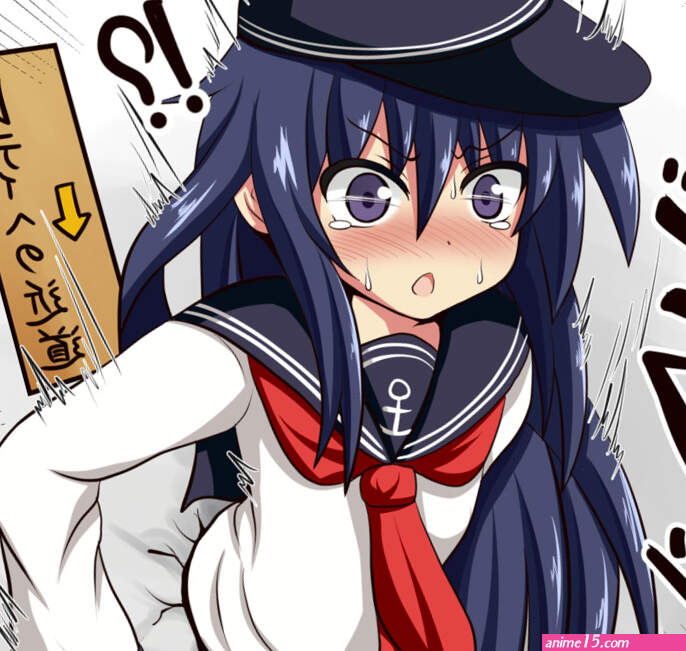 tamayan akatsuki kancolle kabe ni hamatte ugokenai! kantai collection commentary request translation request !? 1girl black hair blush chestnut mouth female focus furrowed brow hat hole in wall ichininmae no lady implied