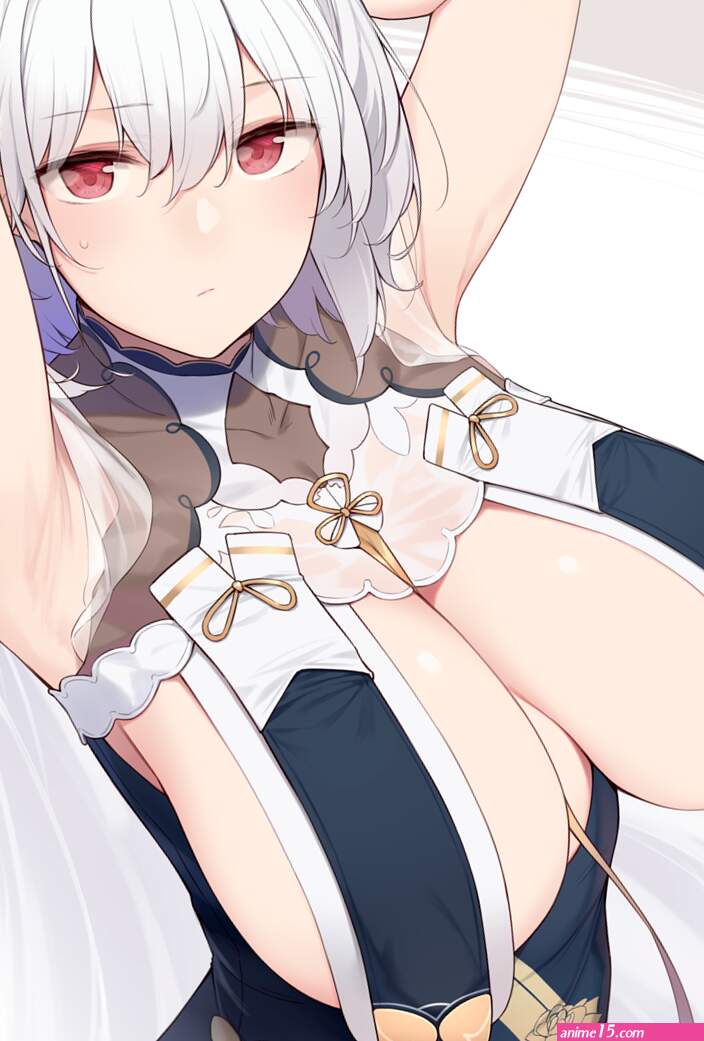 red eyes arms up looking at viewer armpits white hair short hair big boobs hanging boobs saggy boobs Enosan huge breasts Azur Lane Sirius Azur Lane anime no bra chinese dress anime
