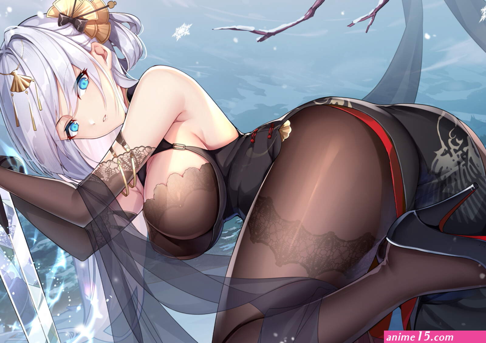 white hair blue eyes big boobs bent over bare shoulders anime girls heels sword pantyhose snowing looking back dress